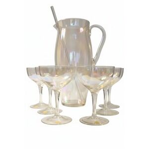Rainbow Iridescent Cocktail Pitcher Set 6 Glasses w/glass Stirrer Bulgaria